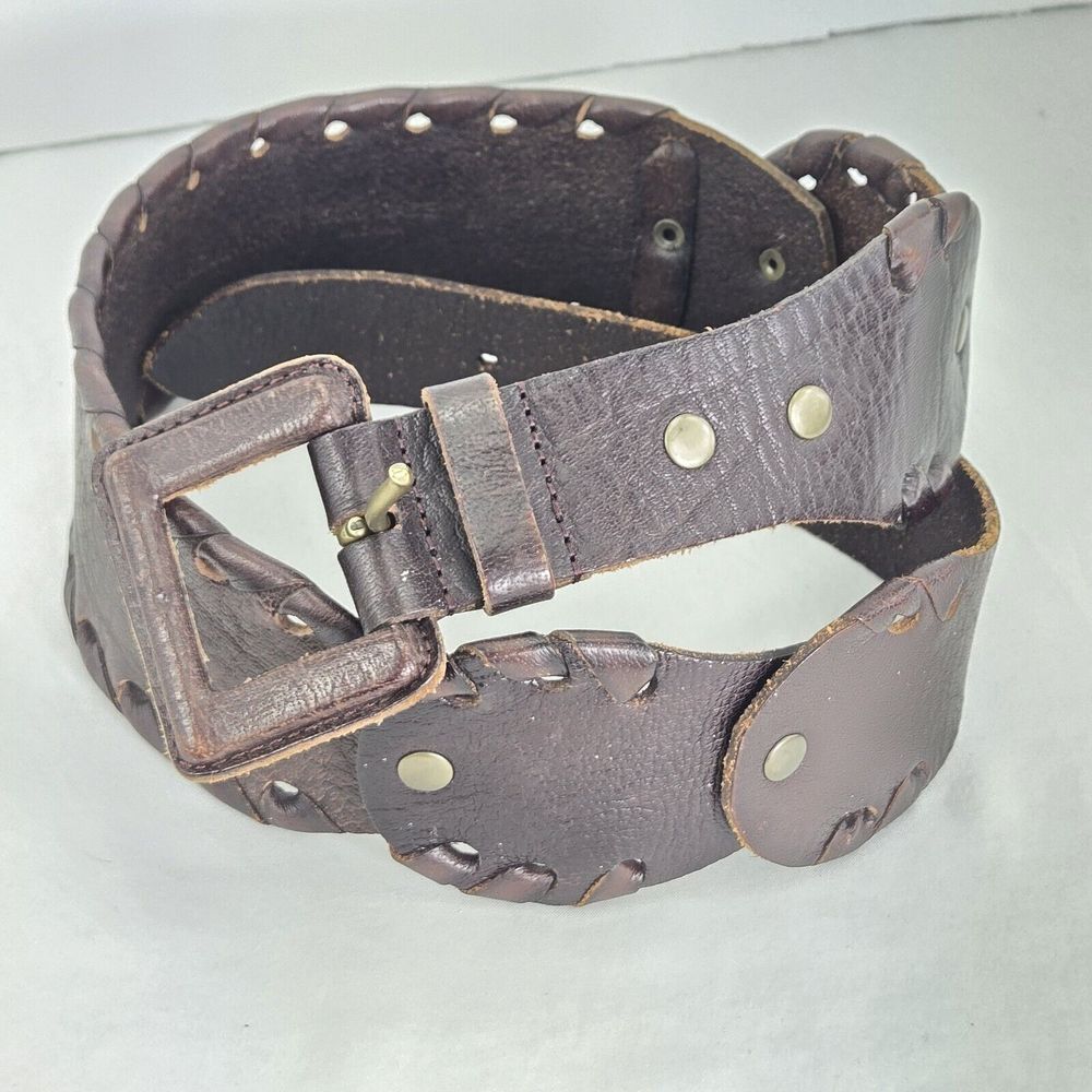 BCBG Maxazria‎ Wide Brown Leather Belt Hip Y2K Vintage Rivets Sz M Handmade